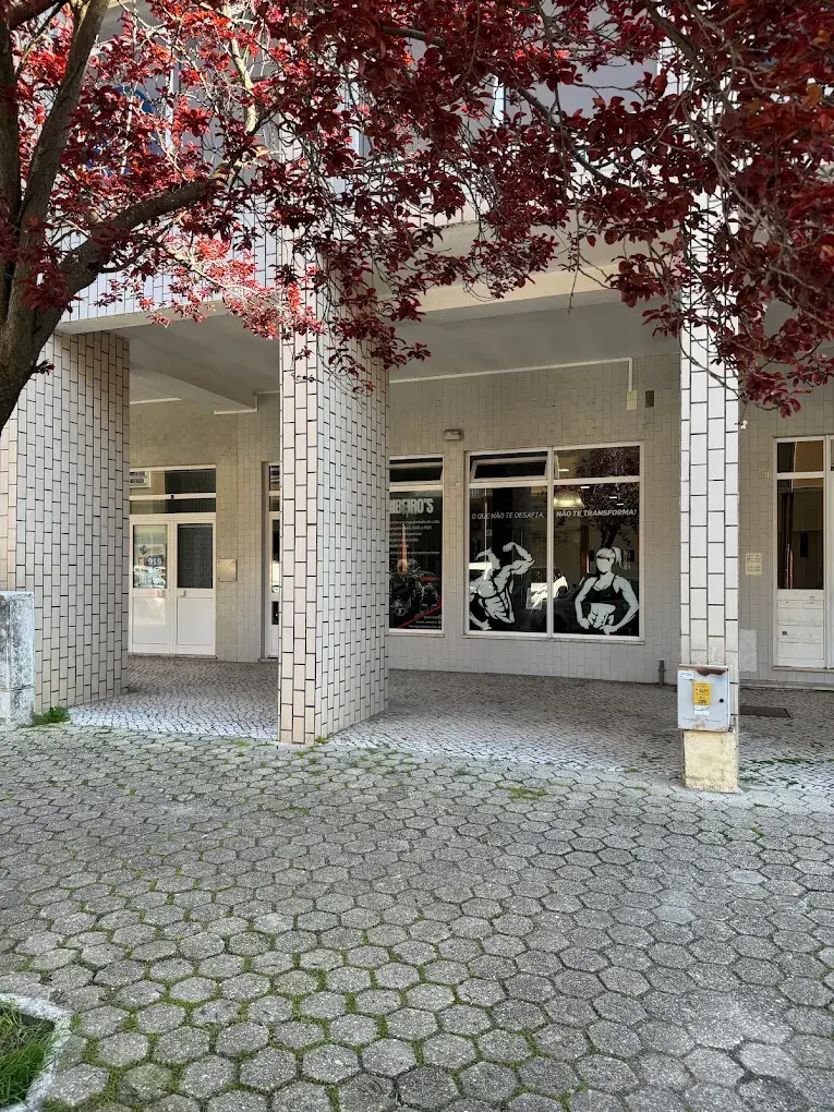Entrada do Ribeiro's Gym sob a arcada da R. de Angola, com montras gráficas e calçada
